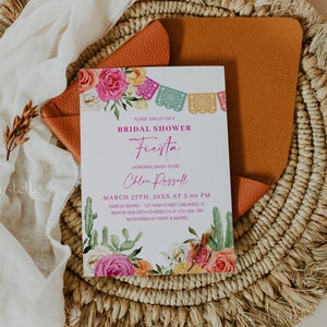 Fiesta bridal shower invitation template, cactus hot pink orange floral bridal shower invites, Mexican shower colorful vibrant floral 0246