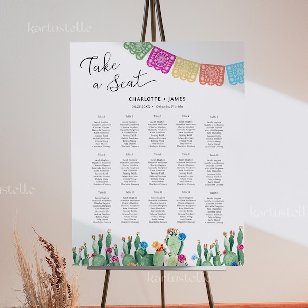 Fiesta seating chart template, Mexican wedding seating chart, cactus seating plan, bright floral seating sign, hot pink orange blue 0231