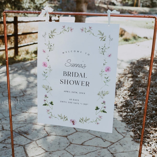 Whimsical garden floral bridal shower welcome sign template, wildflower bridal shower poster pink floral elegant dainty wild flowers 0244