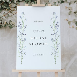 Dainty delicate blue floral bridal shower welcome sign template blue bridal shower poster dusty blue wildflower bridal shower sign 0319
