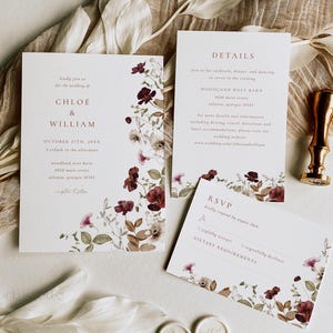 Burgundy wedding invitation set template autumn wildflower wedding suite fall wedding rustic boho blush pink ivory white red floral 0295