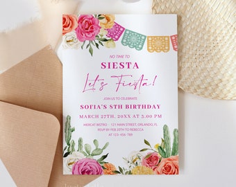 Fiesta birthday party invitation template, Mexican birthday invites, girl ladies cactus hot pink orange floral bright colorful floral 0246