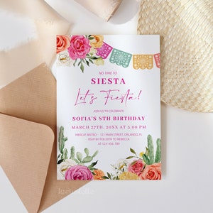 Fiesta birthday party invitation template, Mexican birthday invites, girl ladies cactus hot pink orange floral bright colorful floral 0246