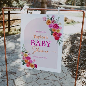 Pink orange baby shower welcome sign template hot pink floral baby shower poster bold vibrant colorful roses baby shower sign fuchsia 0268