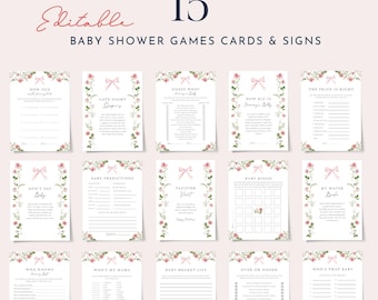 Floral bow baby shower games bundle template pink floral baby shower games pack coquette baby shower games set dainty floral roses 0285