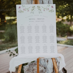 Whimsical garden wedding seating chart, wildflower seating chart template, pink floral table seating chart elegant dainty wild flowers 0244