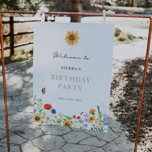 Sunflower welcome sign template summer floral birthday welcome sign 1st butterfly red roses wildflower rustic farm boho yellow red blue 0270
