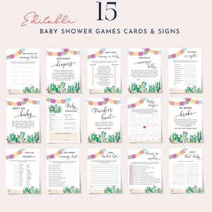 Fiesta baby shower games bundle template, cactus baby shower games set, Mexican baby shower bright colorful floral hot pink orange blue 0231