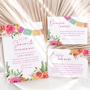 Fiesta little senorita baby shower invitation set template, Mexican baby shower invitations cactus pink orange floral colorful vibrant 0246