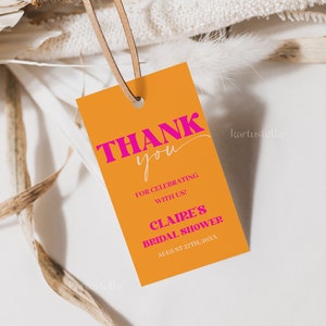 Orange pink favor tag template, funky playful bridal shower thank you tags, retro favor tags, colorful bold groovy welcome tags 0249