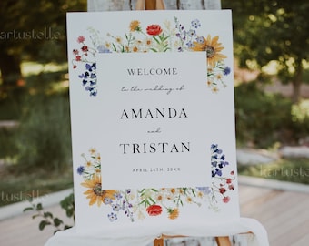Sunflower welcome sign template summer floral wedding welcome sign red roses wildflower wedding sign spring rustic farm yellow red blue 0270