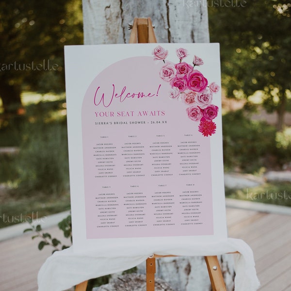 Hot pink floral seating chart template hot pink and blush bridal shower seating chart sign blush pink roses fuchsia magenta summer 0254