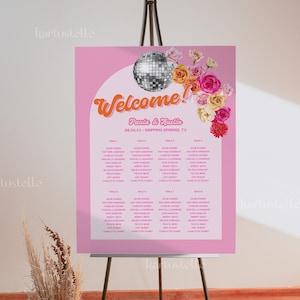 Disco wedding seating chart template bold retro hot pink seating chart red pink orange floral seating plan disco ball shower seating 0267