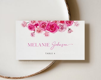 Hot pink floral place card template, hot pink and blush place cards, blush pink roses wedding name cards, fuchsia escort cards, magenta 0254