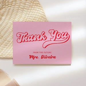 Red pink thank you card template, red and pink bridal shower thank you cards, retro wedding thank you card, 70's hot pink disco groovy 0232