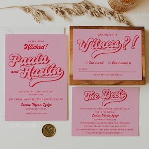 Red and pink wedding invitation set template, retro wedding invitations, red pink wedding invites, disco groovy wedding 70&#39;s hot pink 0232