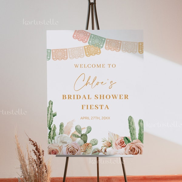 Fiesta bridal shower welcome sign template Mexican bridal shower poster pastel cactus welcome sign dusty rose peach floral dried palm 0280