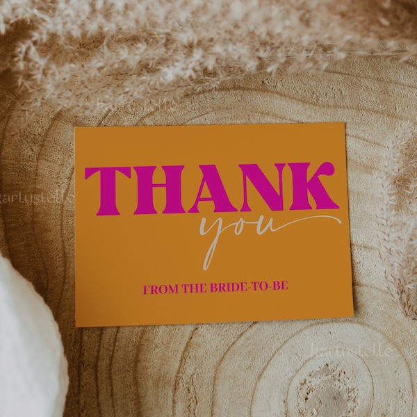 Orange pink thank you card template, funky playful bridal shower thank you cards, retro thank you note card bold colorful unique groovy 0249