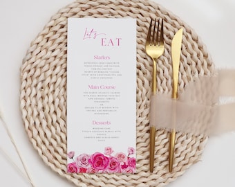 Hot pink floral wedding menu template, hot pink and blush wedding menu cards, blush pink roses menu cards, fuchsia magenta shower menu 0254