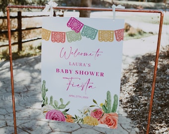 Fiesta baby shower welcome sign template, Mexican baby shower sign, cactus hot pink orange floral bright colorful spring vibrant floral 0246
