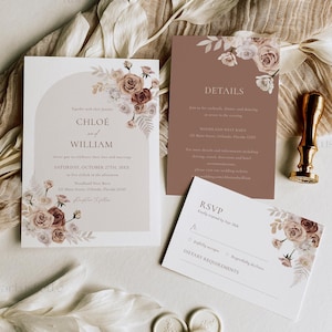 Mocha mousse wedding invitation template, brown wedding invitation set, fall wedding earthy boho beige taupe toffee roses autumn floral 0338