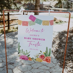 Fiesta baby shower welcome sign template, Mexican baby shower sign, cactus hot pink orange floral bright colorful spring vibrant floral 0246