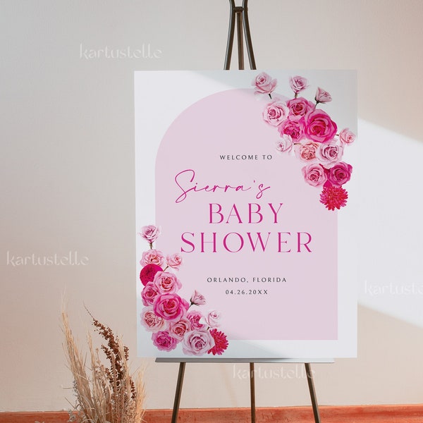 Hot pink floral baby shower welcome sign template, hot pink and blush baby shower sign poster, blush pink roses fuchsia magenta summer 0254