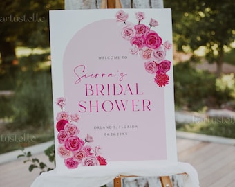Hot pink floral bridal shower welcome sign template, hot pink and blush bridal shower poster, blush pink roses fuchsia magenta summer 0254