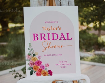 Pink orange bridal shower welcome sign template, hot pink floral bridal shower poster bold vibrant colorful roses welcome sign fuchsia 0268