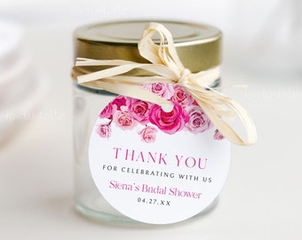 Hot pink floral round favor tags hot pink and blush thank you tags favor tag template circle label round stickers roses fuchsia magenta 0254