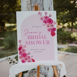 Hot pink floral bridal shower welcome sign template, hot pink and blush bridal shower poster, blush pink roses fuchsia magenta summer 0254