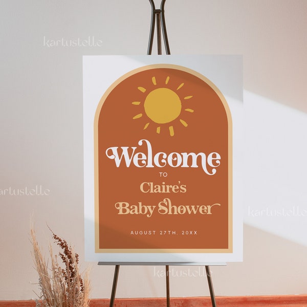 Sunshine baby shower welcome sign template, terracotta yellow arch baby shower sign sun baby shower poster boho little ray of sunshine 0251