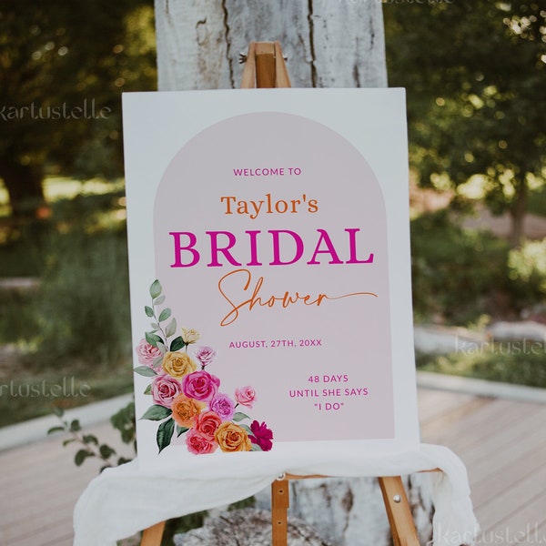 Pink orange bridal shower welcome sign template, hot pink floral bridal shower poster bold vibrant colorful roses welcome sign fuchsia 0268