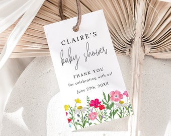 May include: White thank you tag with black text that reads "Claire's baby shower" and "Thank you for celebrating with us! June 27th, 20XX". The tag is decorated with a colorful floral border.