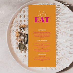 Orange pink wedding menu funky playful wedding menu template modern retro menu cards editable colorful bold groovy shower party menu 0249
