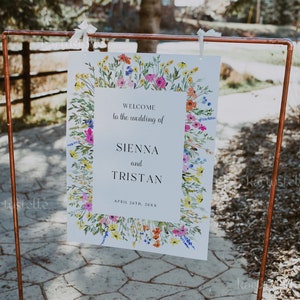 Colorful floral welcome sign template wildflower wedding welcome sign spring garden welcome wedding sign pink yellow orange blue 0242