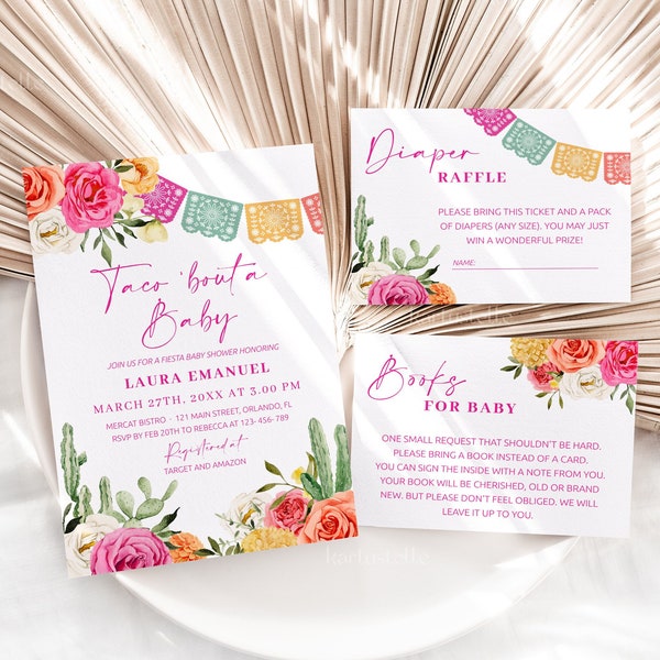 Fiesta taco 'bout a baby shower invitation set template, Mexican baby shower invitations, cactus pink orange floral colorful vibrant 0246