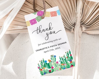 Fiesta bridal shower favor tags, Mexican bridal shower favor tag template, cactus thank you tags, bright floral hot pink orange blue 0231
