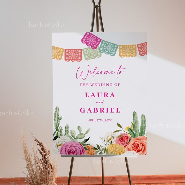 Fiesta welcome sign template, Mexican wedding welcome sign, cactus wedding poster hot pink orange floral bright colorful vibrant floral 0246
