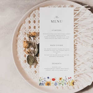 Sunflower wedding menu template summer floral bridal shower menu red roses wildflower menu card editable rustic farm yellow red blue 0270