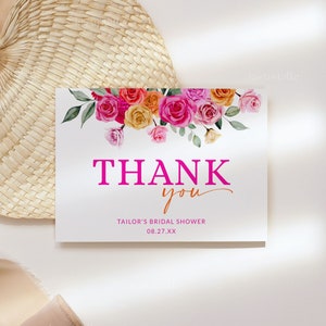 Pink orange bridal shower thank you card template hot pink floral thank you cards bold vibrant colorful roses flowers fuchsia 0268
