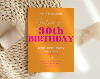 Orange pink birthday party invitation template, funky playful birthday invitations, retro birthday invites ladies teen bold groovy 0249