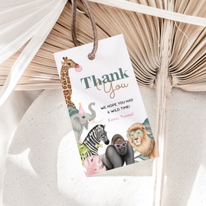 Safari birthday party favor tags girl animals jungle party favor tag template safari animals thank you tags zoo two wild one editable 0275