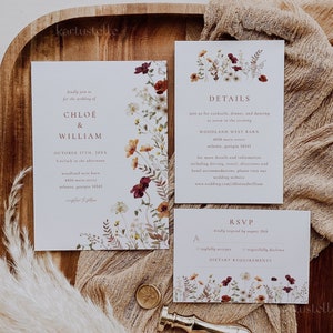 Modello di invito per matrimonio con fiori selvatici autunnali, inviti per matrimonio autunnali, matrimonio con fiori selvatici autunnali, arancione, rosso, autunno, floreale, elegante, boho 0293