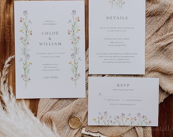 Dainty delicate floral wedding invitation set template wildflower wedding suite spring summer elegant wild floral field colorful floral 0279