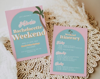 Palm Springs bachelorette party invitation and itinerary template palm tree bachelorette invitation desert pool party tropical beach 0255