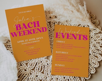 Orange pink bachelorette party invitation and itinerary template, funky playful bachelorette invitation, retro colorful bold groovy 0249
