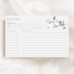 Blue floral recipe card template dusty blue recipe cards spring floral bridal shower recipe card forget me not elegant 0320