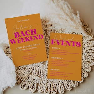 Orange pink bachelorette party invitation and itinerary template, funky playful bachelorette invitation, retro colorful bold groovy 0249