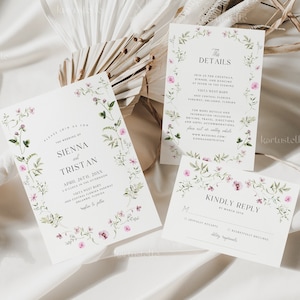 Whimsical garden wedding invitation template, wildflower wedding invitation set pink floral wedding invites elegant dainty wild flowers 0244